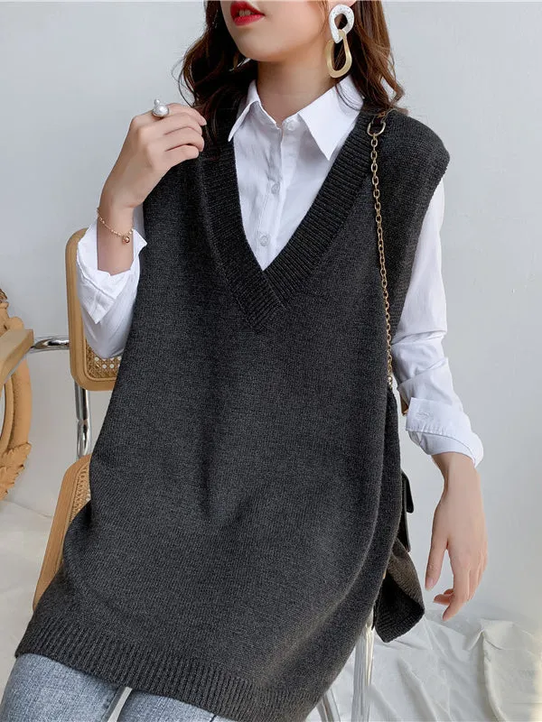 xakxx Trendy Sleeveless Split-Side Solid Color V-Neck Knitted Vest