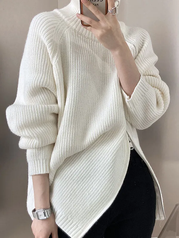 xakxx Urban Loose Long Sleeves Split-Side Solid Color Zipper Halter-Neck Sweater Tops