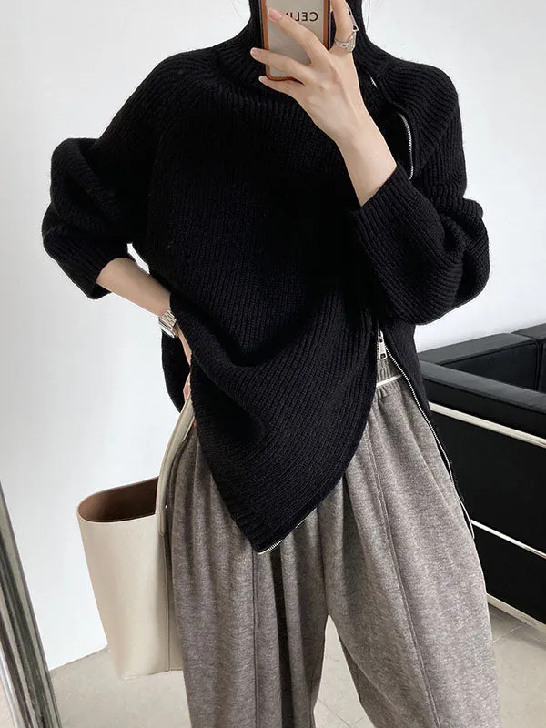 xakxx Urban Loose Long Sleeves Split-Side Solid Color Zipper Halter-Neck Sweater Tops