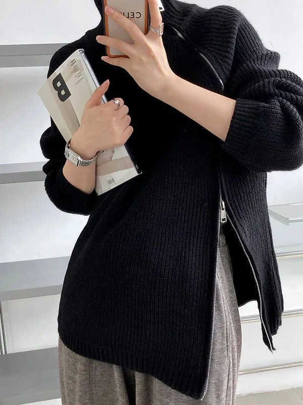 xakxx Urban Loose Long Sleeves Split-Side Solid Color Zipper Halter-Neck Sweater Tops