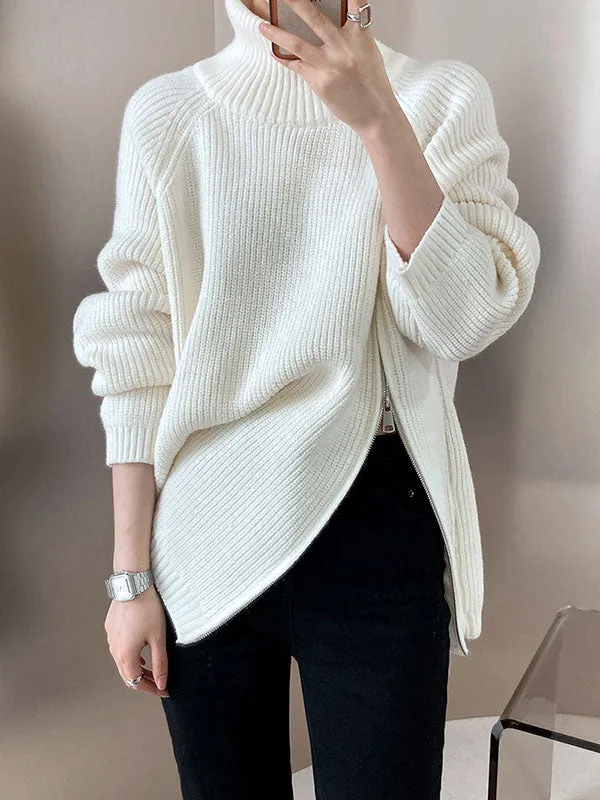 xakxx Urban Loose Long Sleeves Split-Side Solid Color Zipper Halter-Neck Sweater Tops