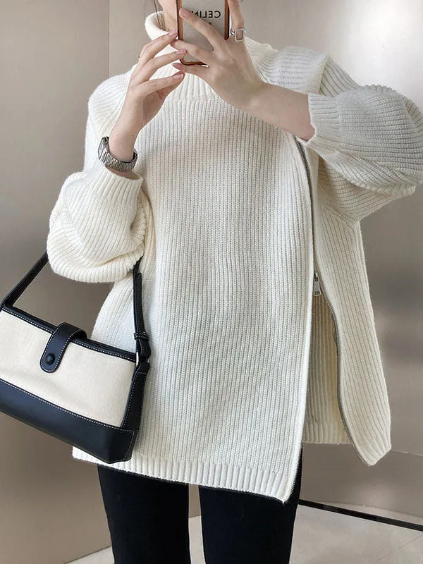 xakxx Urban Loose Long Sleeves Split-Side Solid Color Zipper Halter-Neck Sweater Tops