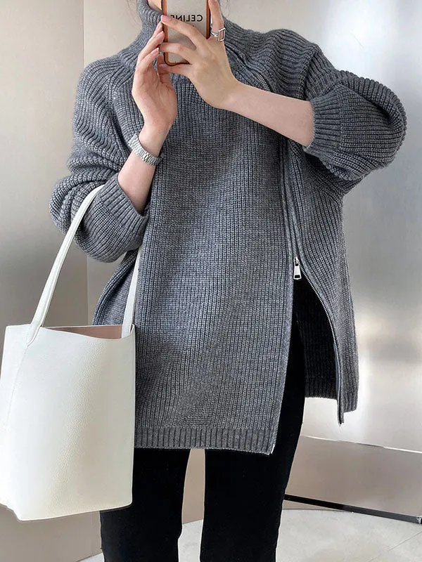 xakxx Urban Loose Long Sleeves Split-Side Solid Color Zipper Halter-Neck Sweater Tops