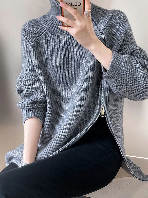 xakxx Urban Loose Long Sleeves Split-Side Solid Color Zipper Halter-Neck Sweater Tops