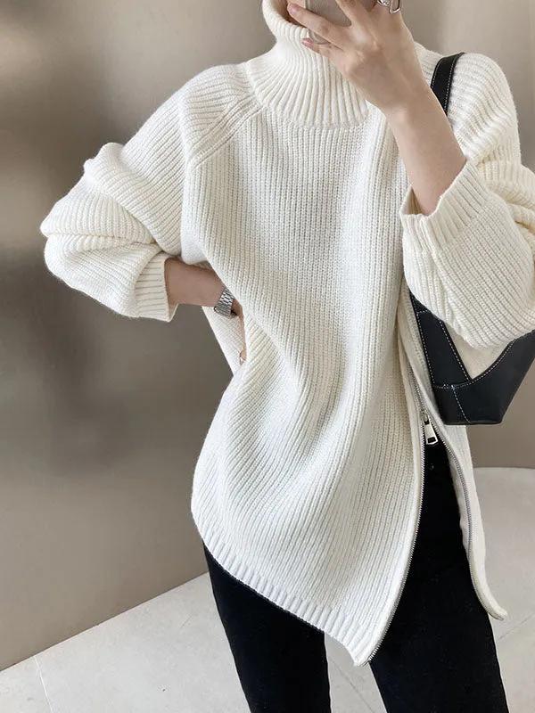 xakxx Urban Loose Long Sleeves Split-Side Solid Color Zipper Halter-Neck Sweater Tops