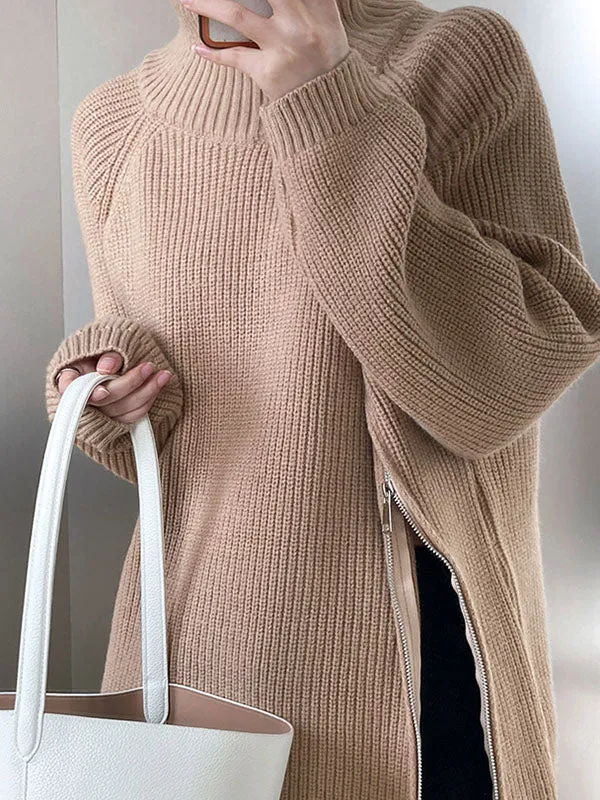 xakxx Urban Loose Long Sleeves Split-Side Solid Color Zipper Halter-Neck Sweater Tops