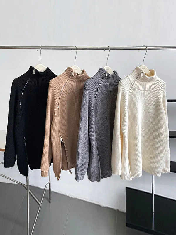 xakxx Urban Loose Long Sleeves Split-Side Solid Color Zipper Halter-Neck Sweater Tops