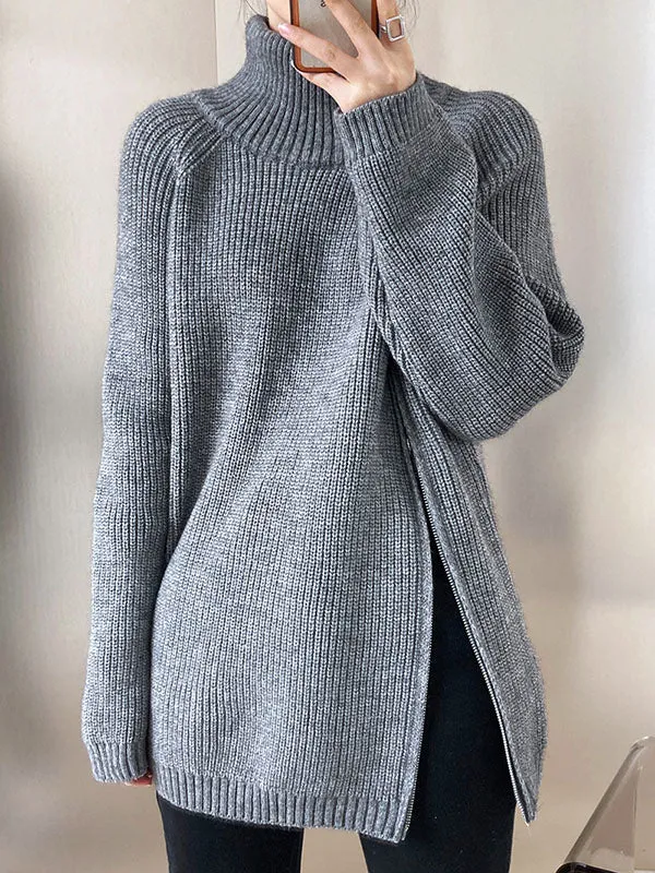 xakxx Urban Loose Long Sleeves Split-Side Solid Color Zipper Halter-Neck Sweater Tops