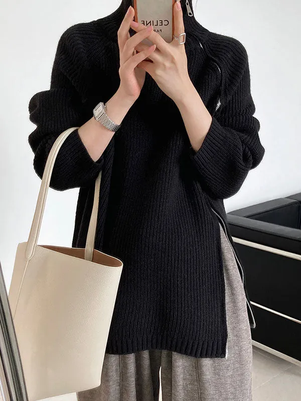 xakxx Urban Loose Long Sleeves Split-Side Solid Color Zipper Halter-Neck Sweater Tops