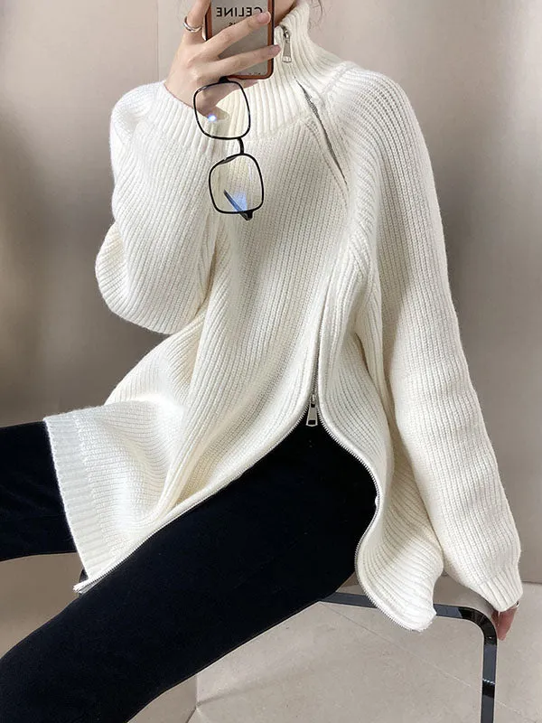xakxx Urban Loose Long Sleeves Split-Side Solid Color Zipper Halter-Neck Sweater Tops