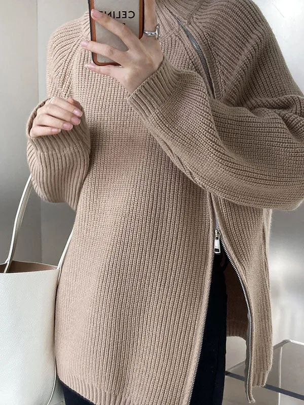xakxx Urban Loose Long Sleeves Split-Side Solid Color Zipper Halter-Neck Sweater Tops