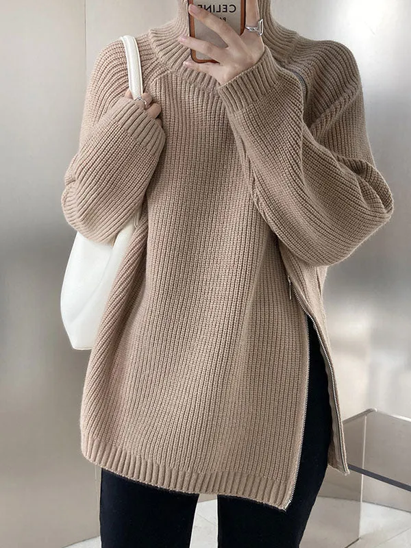 xakxx Urban Loose Long Sleeves Split-Side Solid Color Zipper Halter-Neck Sweater Tops
