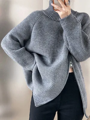 xakxx Urban Loose Long Sleeves Split-Side Solid Color Zipper Halter-Neck Sweater Tops