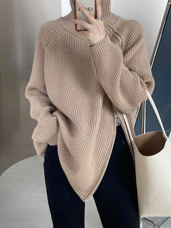 xakxx Urban Loose Long Sleeves Split-Side Solid Color Zipper Halter-Neck Sweater Tops