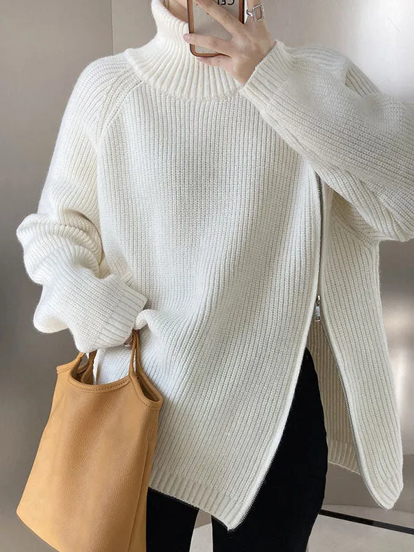 xakxx Urban Loose Long Sleeves Split-Side Solid Color Zipper Halter-Neck Sweater Tops
