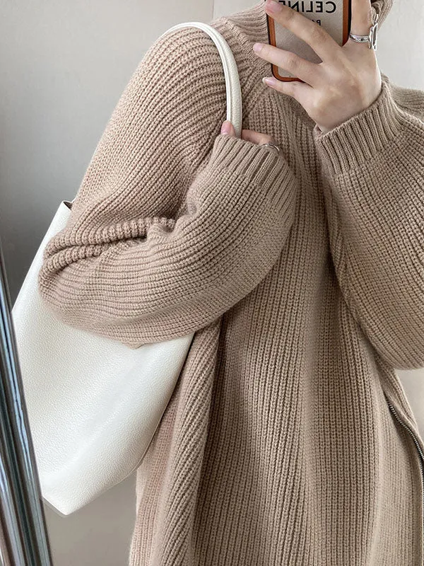 xakxx Urban Loose Long Sleeves Split-Side Solid Color Zipper Halter-Neck Sweater Tops