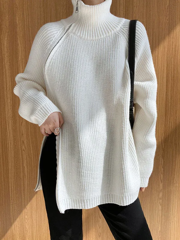 xakxx Urban Loose Long Sleeves Split-Side Solid Color Zipper Halter-Neck Sweater Tops