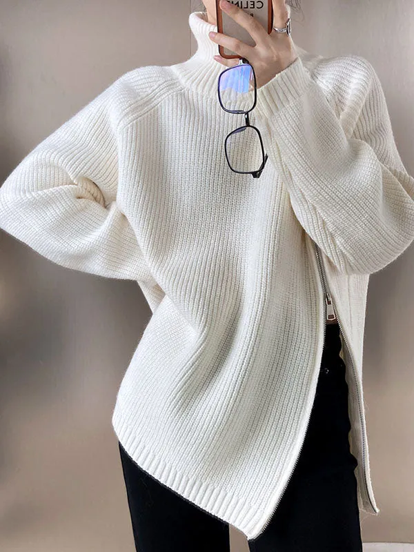 xakxx Urban Loose Long Sleeves Split-Side Solid Color Zipper Halter-Neck Sweater Tops