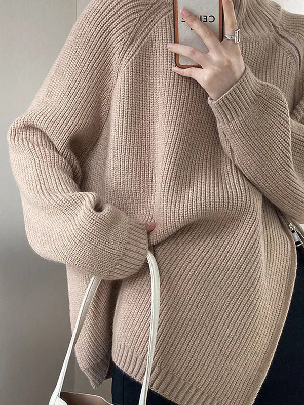 xakxx Urban Loose Long Sleeves Split-Side Solid Color Zipper Halter-Neck Sweater Tops