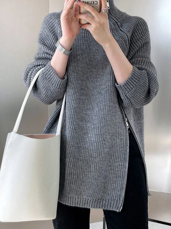 xakxx Urban Loose Long Sleeves Split-Side Solid Color Zipper Halter-Neck Sweater Tops
