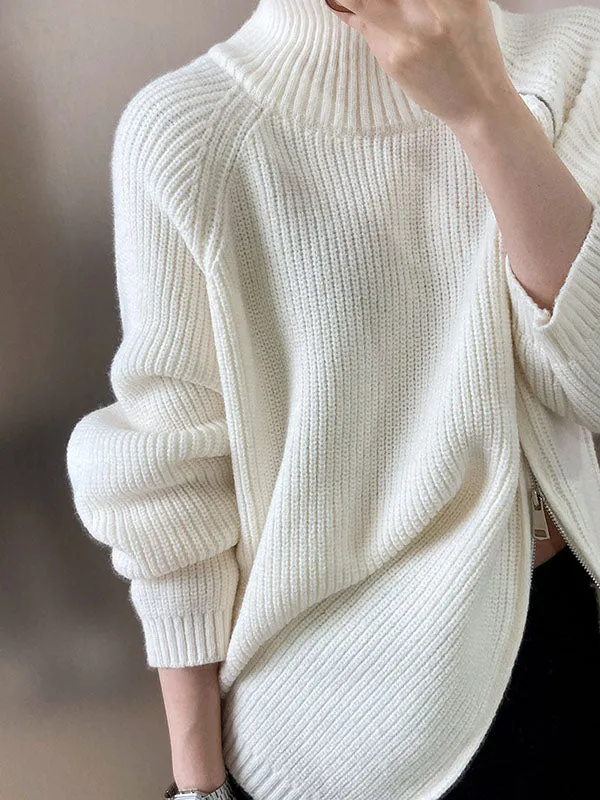 xakxx Urban Loose Long Sleeves Split-Side Solid Color Zipper Halter-Neck Sweater Tops