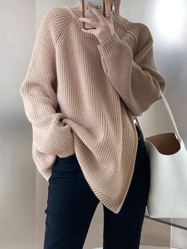 xakxx Urban Loose Long Sleeves Split-Side Solid Color Zipper Halter-Neck Sweater Tops