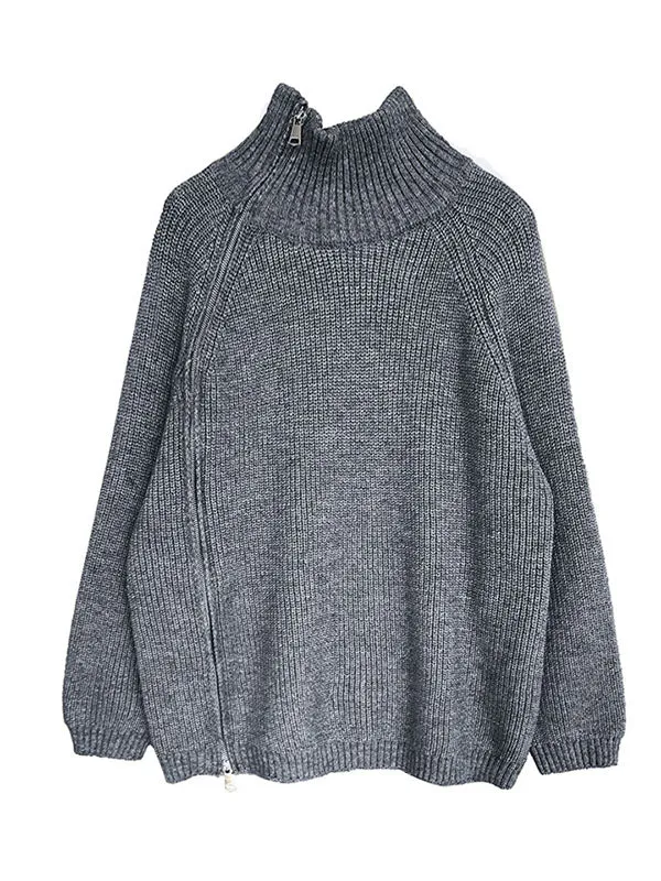 xakxx Urban Loose Long Sleeves Split-Side Solid Color Zipper Halter-Neck Sweater Tops