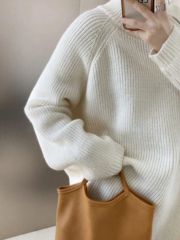 xakxx Urban Loose Long Sleeves Split-Side Solid Color Zipper Halter-Neck Sweater Tops