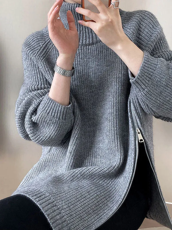 xakxx Urban Loose Long Sleeves Split-Side Solid Color Zipper Halter-Neck Sweater Tops