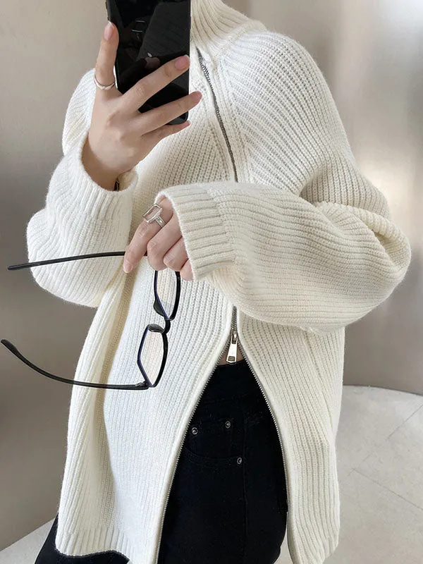 xakxx Urban Loose Long Sleeves Split-Side Solid Color Zipper Halter-Neck Sweater Tops