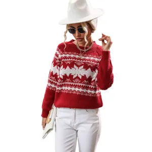 YESFASHION Trendy Crew Neck Red Knit Christmas Snowflake Sweaters