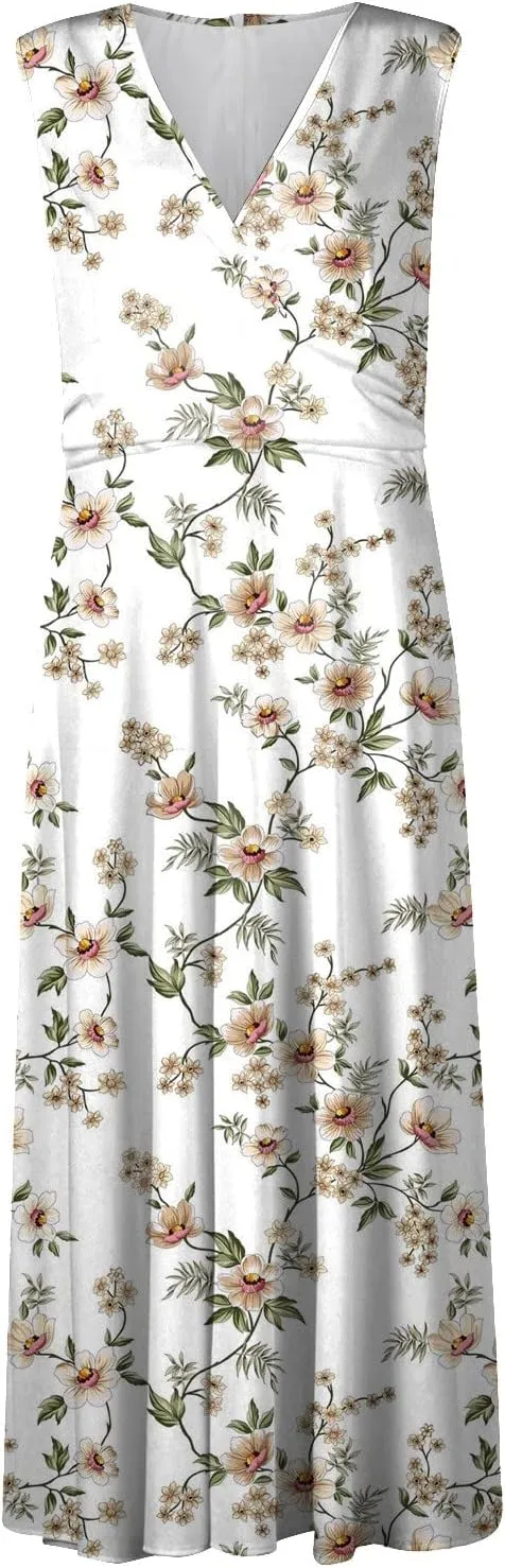 Yesunpxs Dresses for Women 2024 Wrap V Neck Flowy Ruched Maxi Dress Sleeveless Floral Printed Beach Dresses Boho Sundresses
