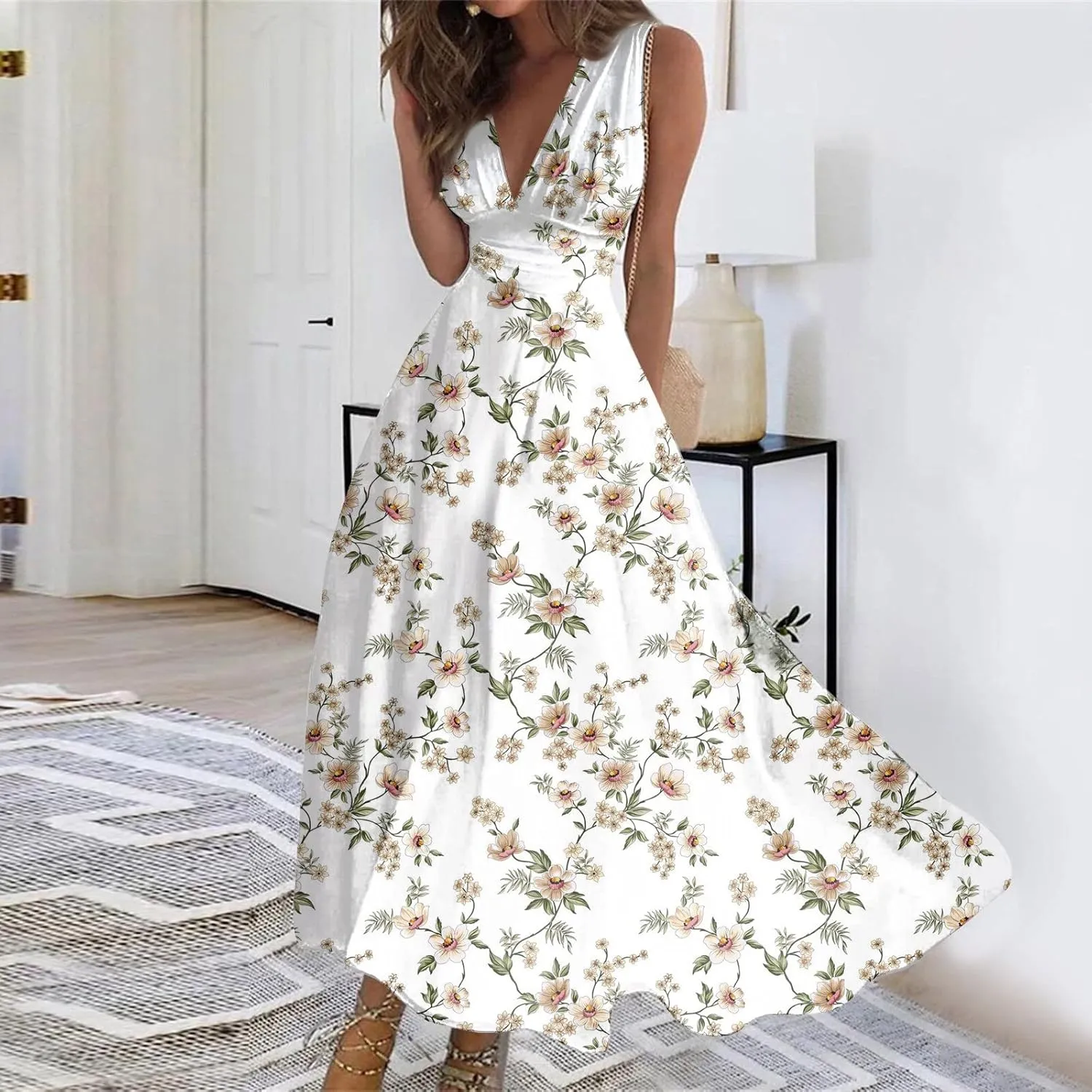 Yesunpxs Dresses for Women 2024 Wrap V Neck Flowy Ruched Maxi Dress Sleeveless Floral Printed Beach Dresses Boho Sundresses