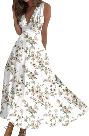 Yesunpxs Dresses for Women 2024 Wrap V Neck Flowy Ruched Maxi Dress Sleeveless Floral Printed Beach Dresses Boho Sundresses