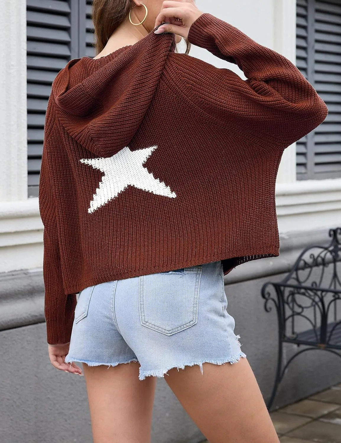 Yimoon Womens Star Hoodies Y2k Sweater Oversized Graphic Aesthetic 90s Sweatshirt Knit Crewneck Vintage Pullover Tops