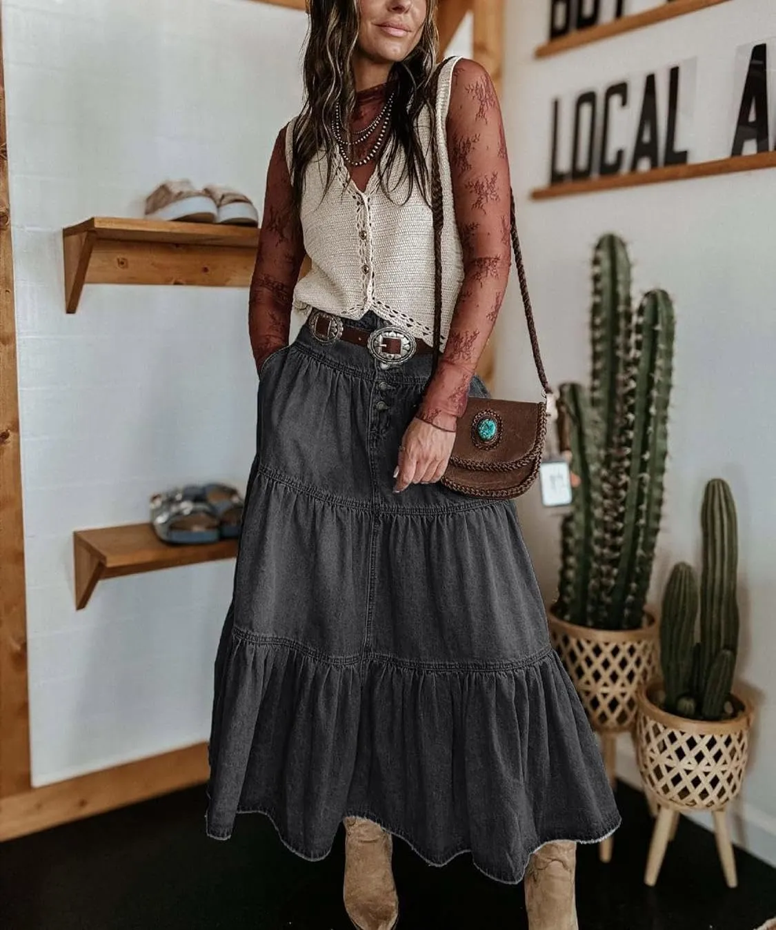 yoeasy Women's High Waist Denim Maxi Skirt Button Boho Flowy Pleated Tiered Ruffle Swing A-Line Jean Long Skirt