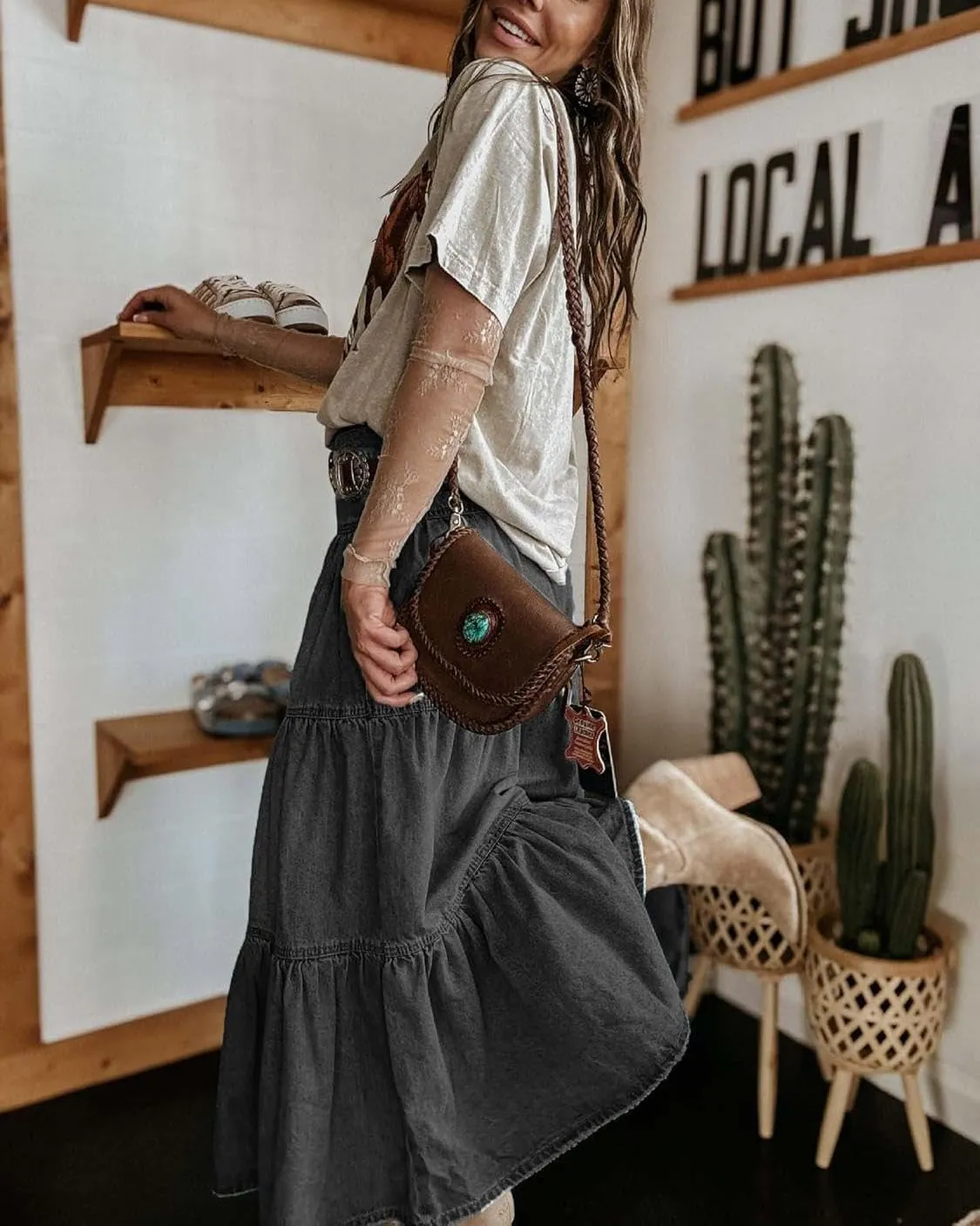 yoeasy Women's High Waist Denim Maxi Skirt Button Boho Flowy Pleated Tiered Ruffle Swing A-Line Jean Long Skirt