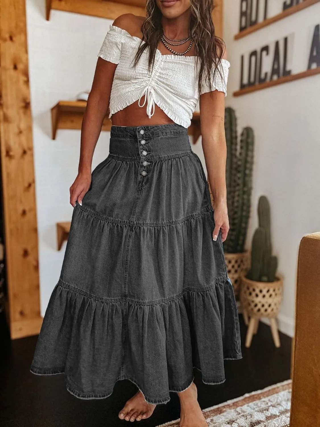 yoeasy Women's High Waist Denim Maxi Skirt Button Boho Flowy Pleated Tiered Ruffle Swing A-Line Jean Long Skirt