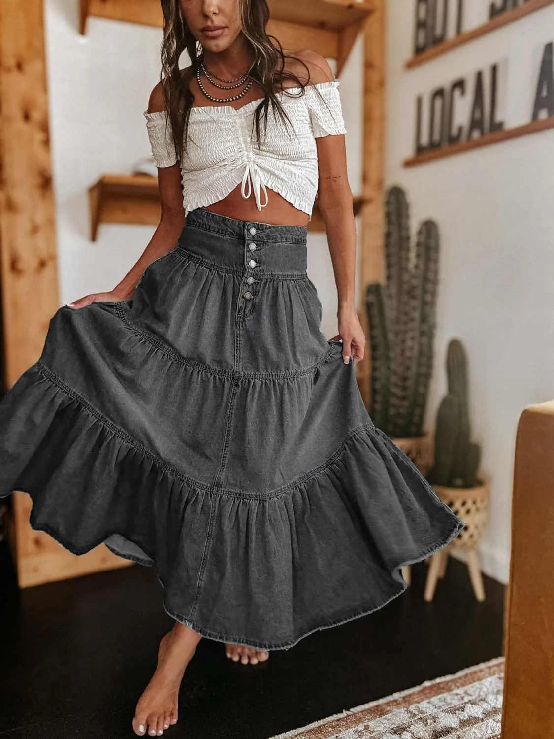 yoeasy Women's High Waist Denim Maxi Skirt Button Boho Flowy Pleated Tiered Ruffle Swing A-Line Jean Long Skirt