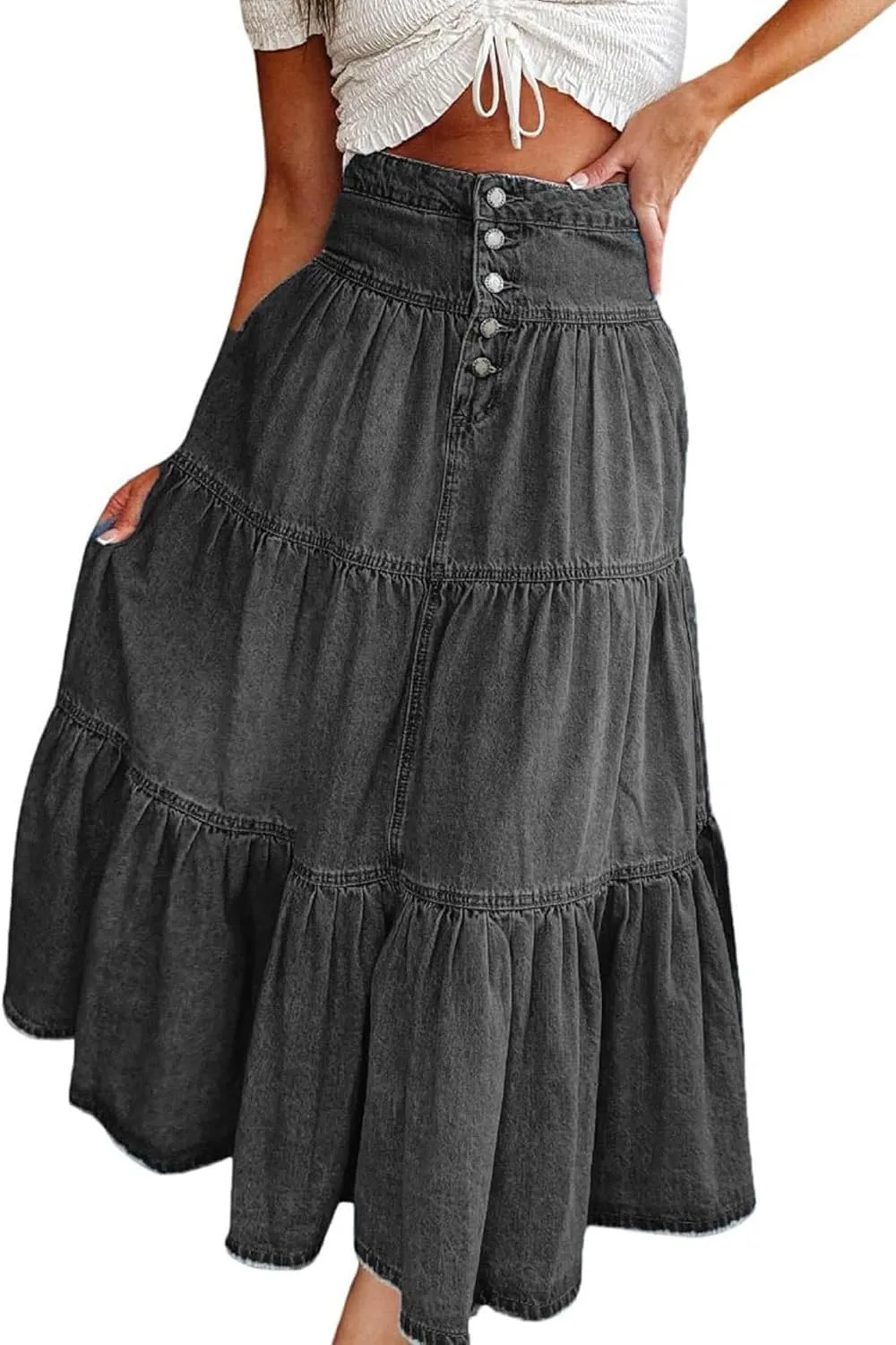 yoeasy Women's High Waist Denim Maxi Skirt Button Boho Flowy Pleated Tiered Ruffle Swing A-Line Jean Long Skirt