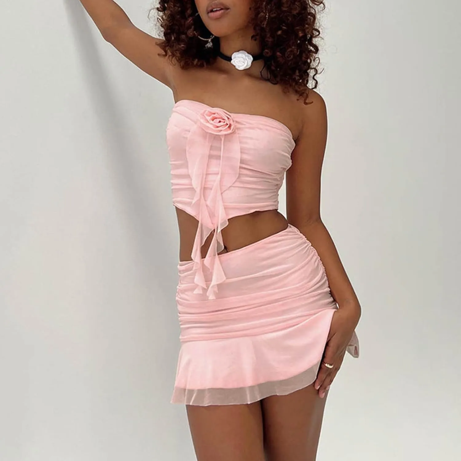 Yuemengxuan Women Y2K Skirt Sets Summer 2 Piece Outfits Sleeveless Cropped Tube Tops and Mini Skits Sexy Going Out Outfit