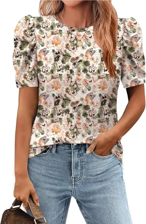 Zeagoo Blouse for Women Dressy Casual Puff Short Sleeve Boho Tops Fashion Floral Crew Neck Tunic Shirts Summer Clothes