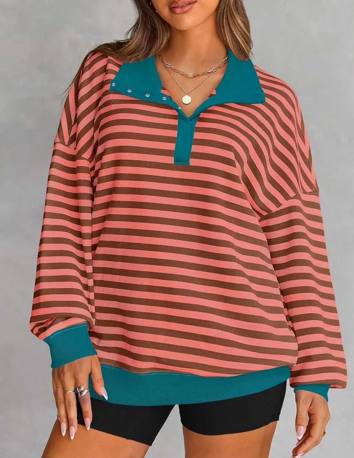 ZESICA Sweatshirts for Womens Long Sleeve Lapel V Neck Striped Oversized Tops