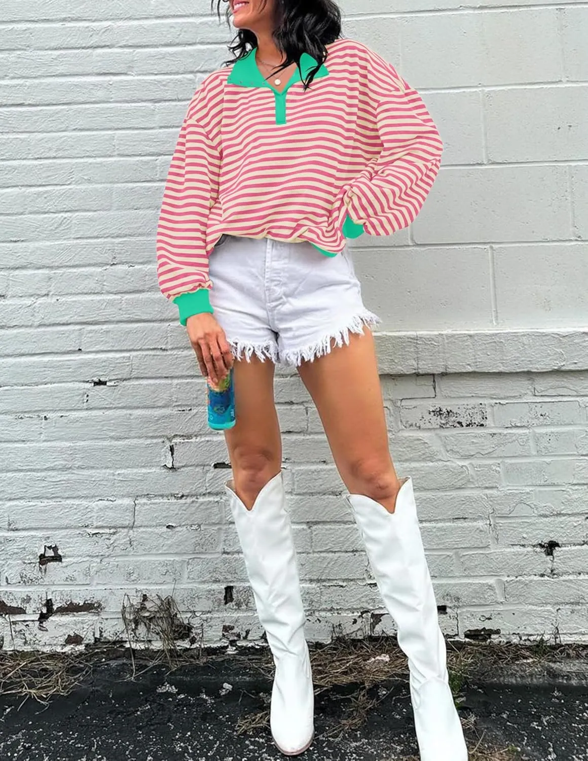 ZESICA Sweatshirts for Womens Long Sleeve Lapel V Neck Striped Oversized Tops