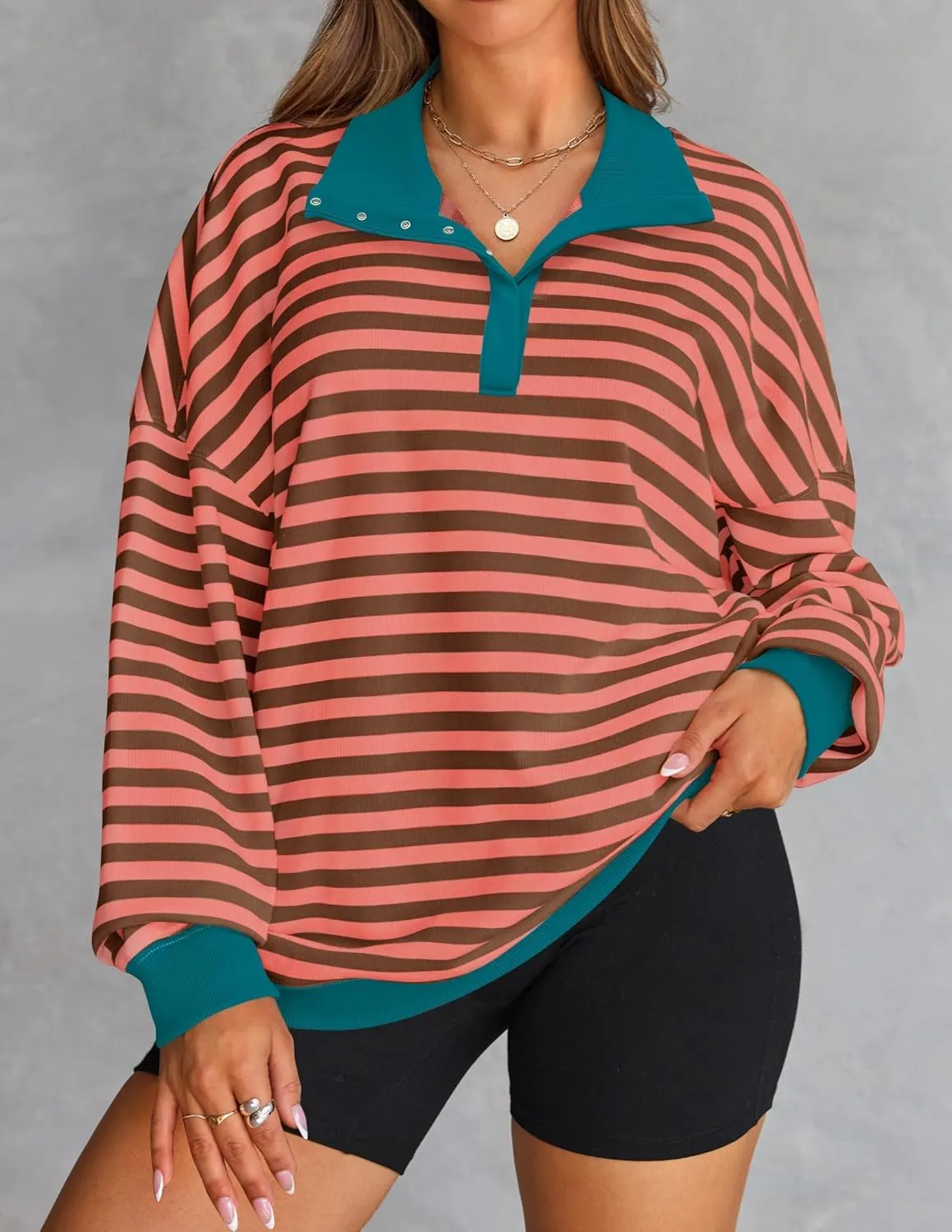 ZESICA Sweatshirts for Womens Long Sleeve Lapel V Neck Striped Oversized Tops