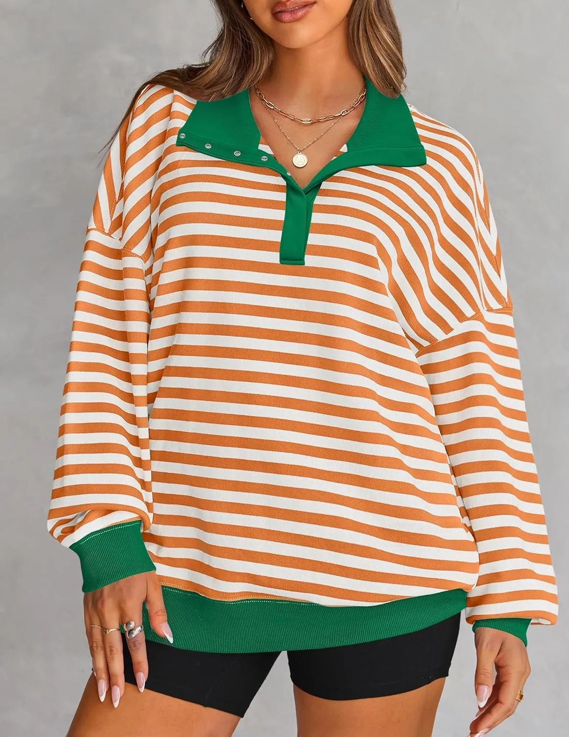 ZESICA Sweatshirts for Womens Long Sleeve Lapel V Neck Striped Oversized Tops