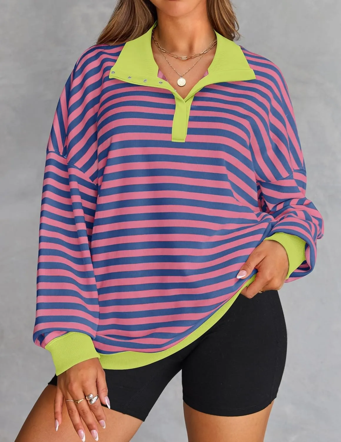 ZESICA Sweatshirts for Womens Long Sleeve Lapel V Neck Striped Oversized Tops