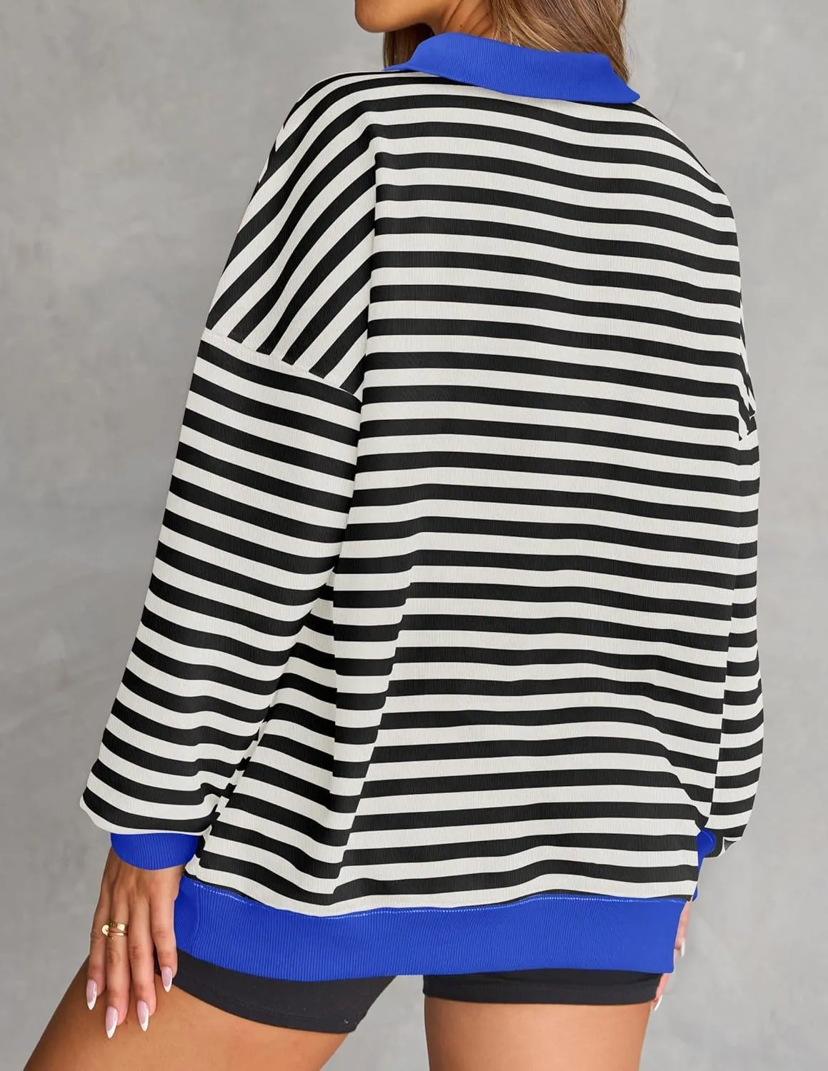 ZESICA Sweatshirts for Womens Long Sleeve Lapel V Neck Striped Oversized Tops
