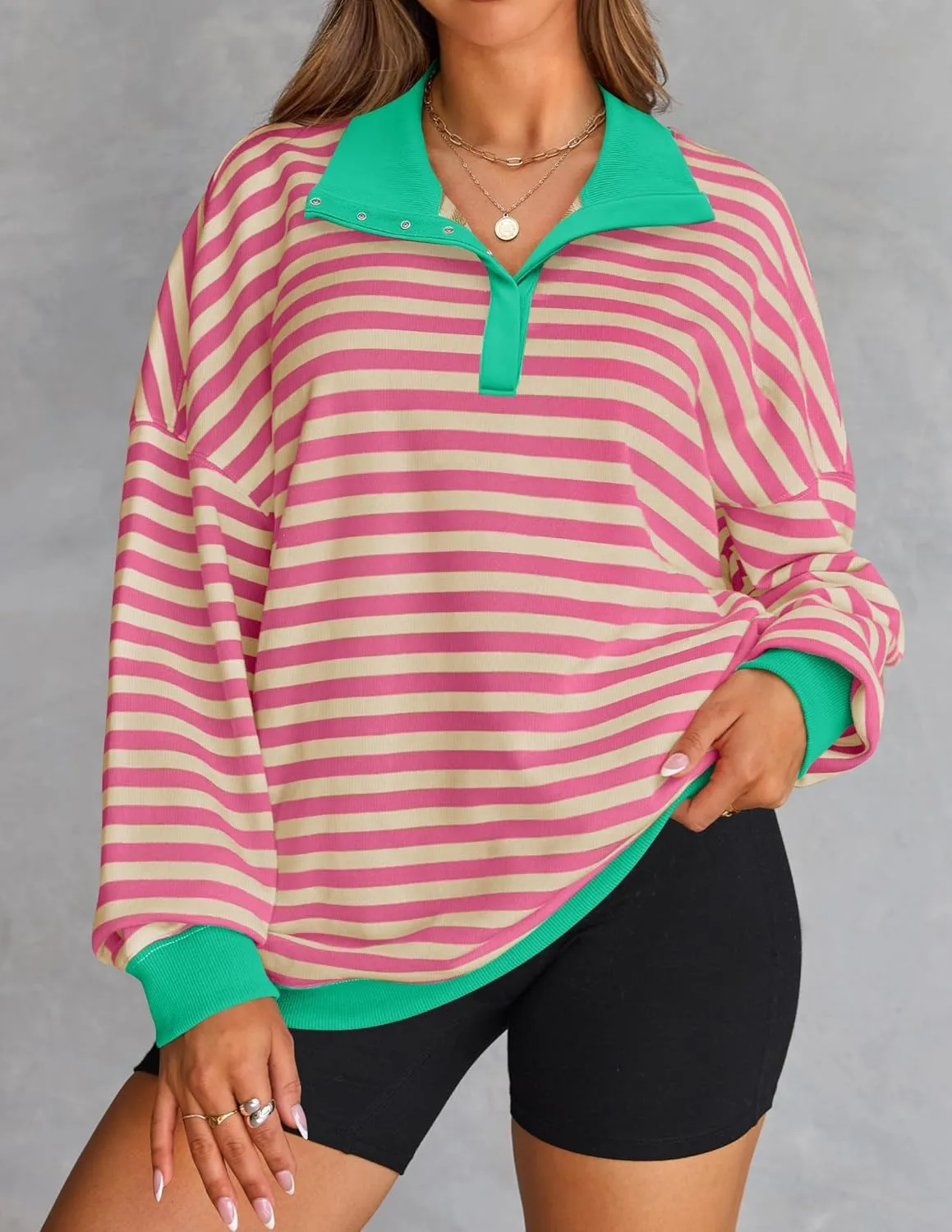 ZESICA Sweatshirts for Womens Long Sleeve Lapel V Neck Striped Oversized Tops