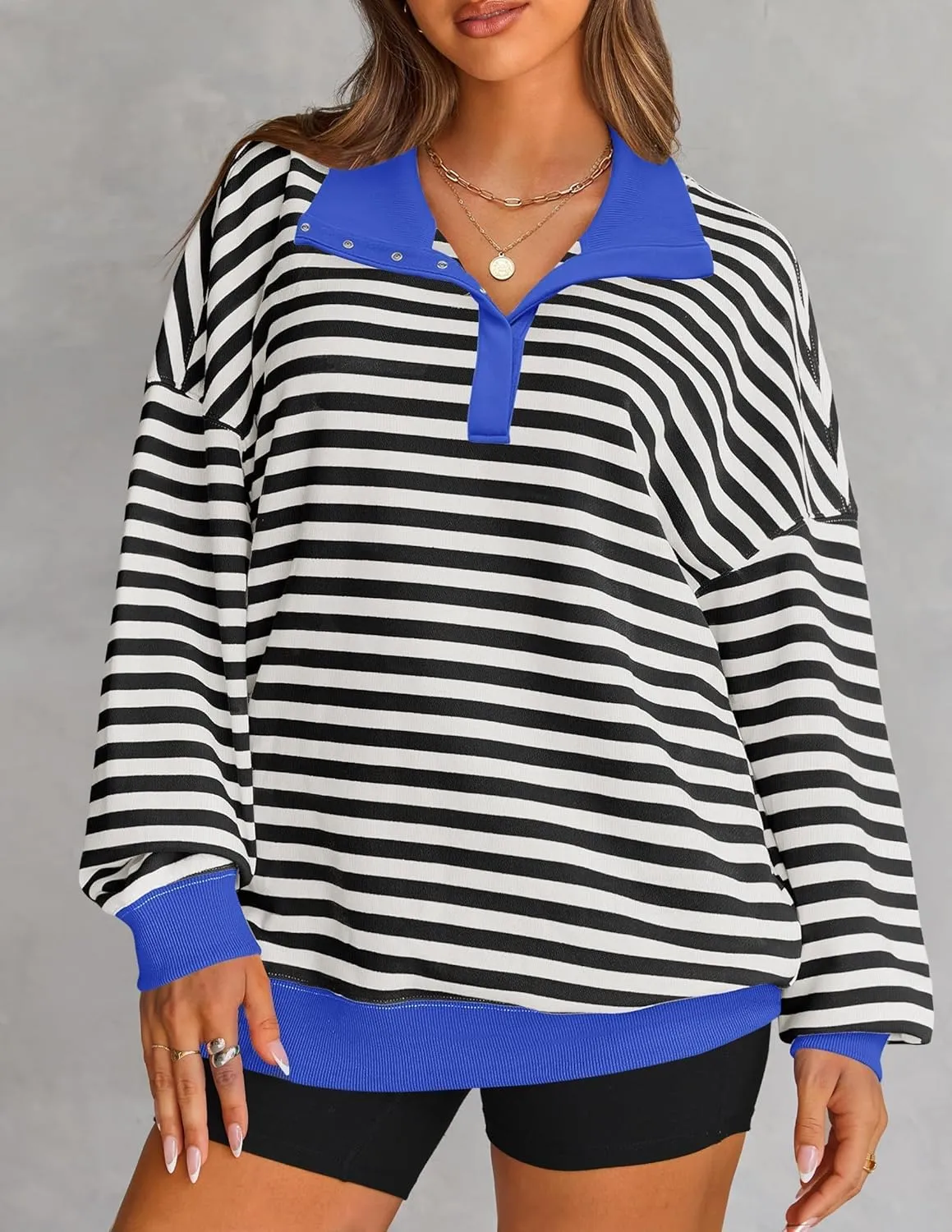 ZESICA Sweatshirts for Womens Long Sleeve Lapel V Neck Striped Oversized Tops